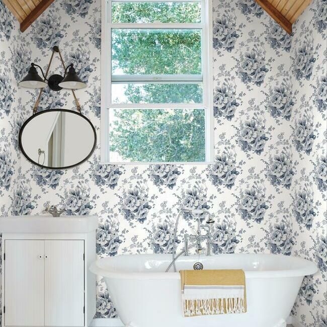 media image for Heritage Rose Wallpaper in Navy and White from the Simply Farmhouse Collection by York Wallcoverings 219