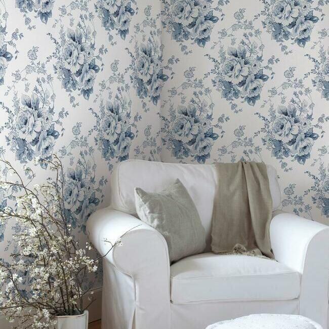 media image for Heritage Rose Wallpaper in Navy and White from the Simply Farmhouse Collection by York Wallcoverings 235