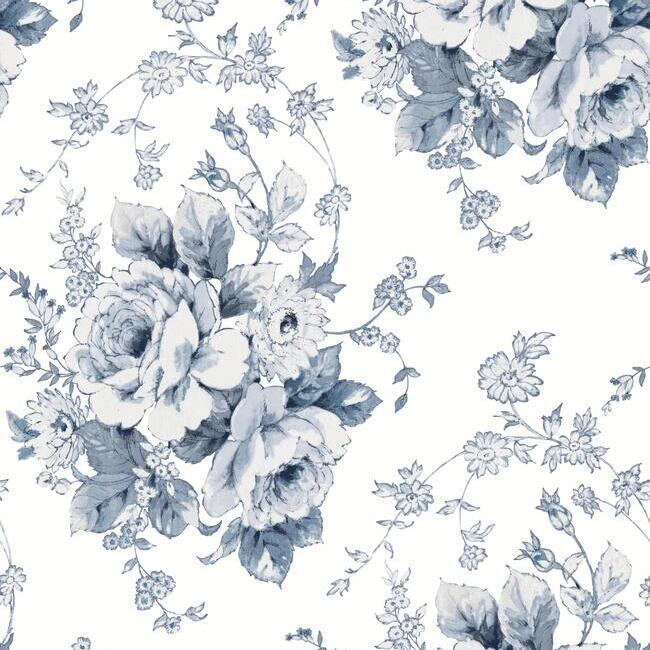media image for Heritage Rose Wallpaper in Navy and White from the Simply Farmhouse Collection by York Wallcoverings 220