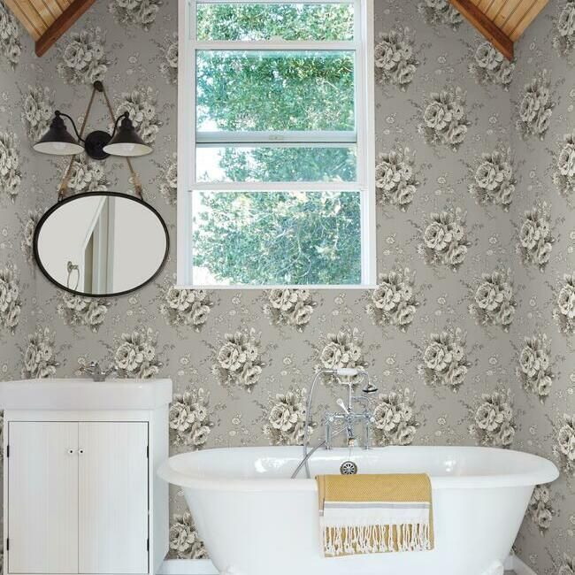media image for Heritage Rose Wallpaper in Taupe from the Simply Farmhouse Collection by York Wallcoverings 221