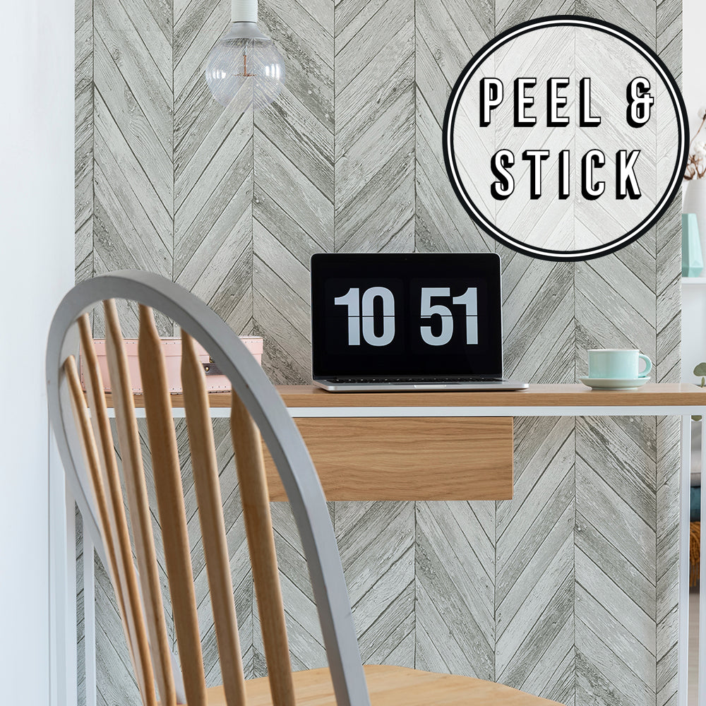 Shop Herringbone Wood Peel & Stick Wallpaper in Light Grey | Burke Decor