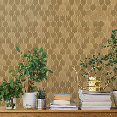 product image for Hexagon Tile Self-Adhesive Wallpaper in Brushed Gold design by Tempaper 4