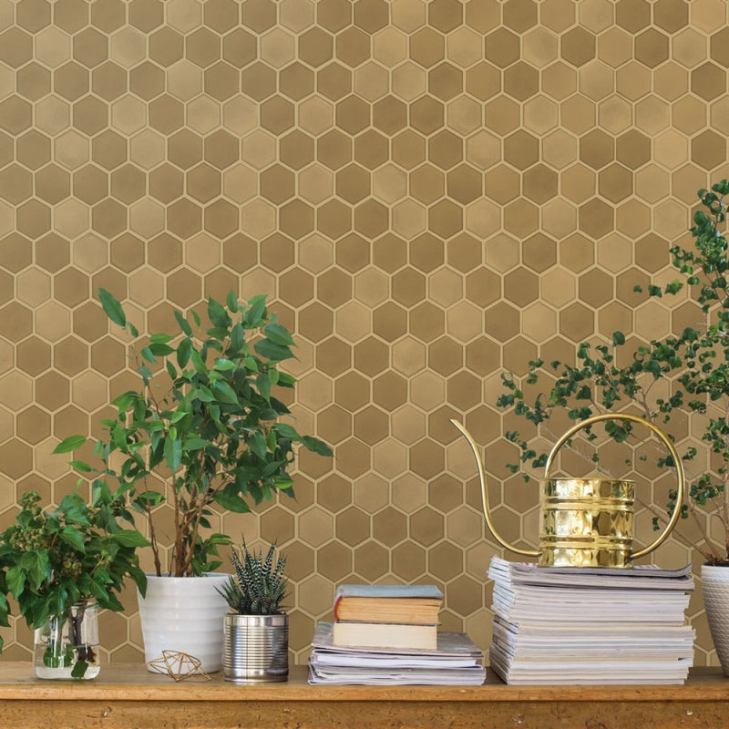 media image for Hexagon Tile Self-Adhesive Wallpaper in Brushed Gold design by Tempaper 234