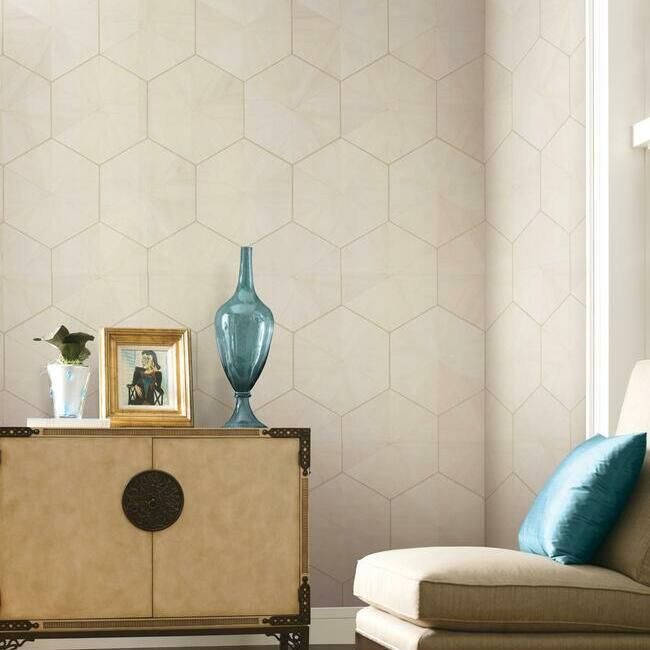 media image for Hexagram Wood Veneer Wallpaper in Off-White from the Traveler Collection by Ronald Redding 285