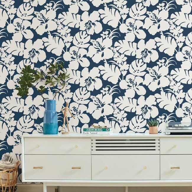 media image for Hibiscus Arboretum Wallpaper in Navy from the Water& 220