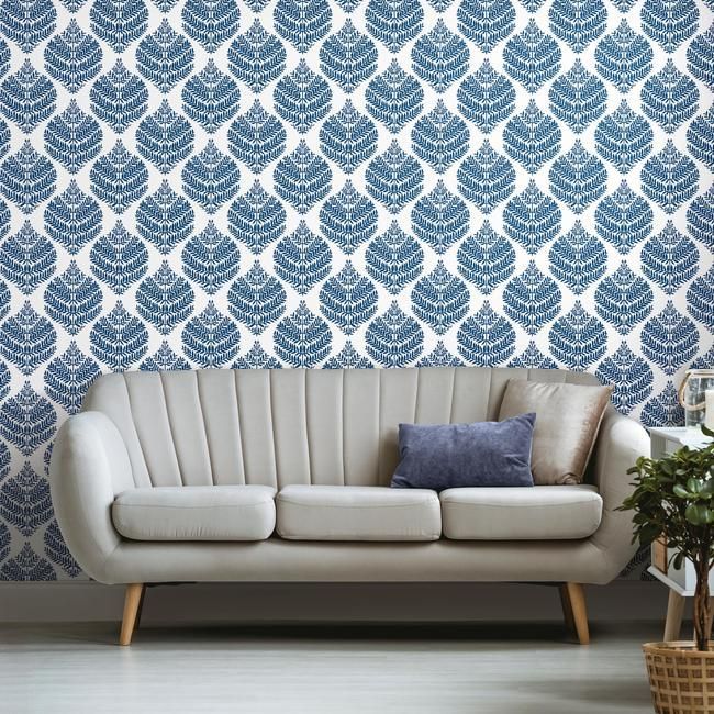 media image for Hygge Fern Damask Peel & Stick Wallpaper in Blue by RoomMates for York Wallcoverings 216