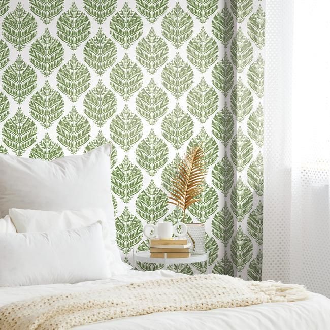 media image for Hygge Fern Damask Peel & Stick Wallpaper in Green by RoomMates for York Wallcoverings 290