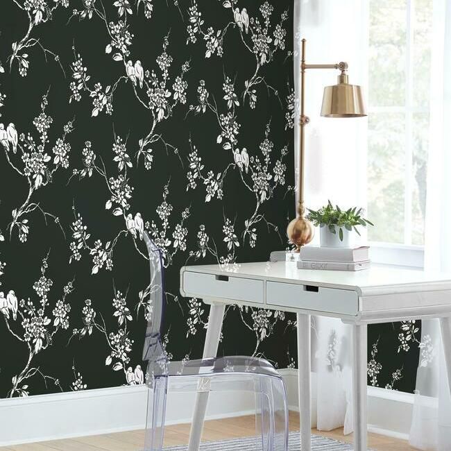 media image for Imperial Blossoms Branch Wallpaper in Black and White from the Silhouettes Collection by York Wallcoverings 220