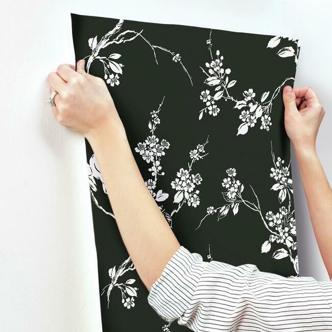 media image for Imperial Blossoms Branch Wallpaper in Black and White from the Silhouettes Collection by York Wallcoverings 217