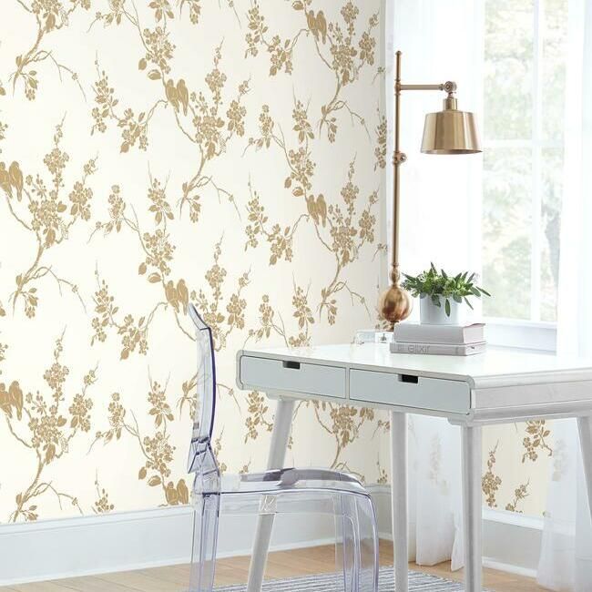 media image for Imperial Blossoms Branch Wallpaper in Gold and White from the Silhouettes Collection by York Wallcoverings 272