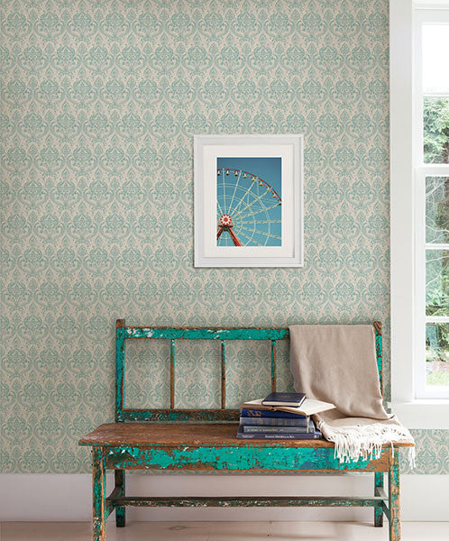 media image for Isla Turquoise Petite Damask Wallpaper from the Kismet Collection by Brewster Home Fashions 224