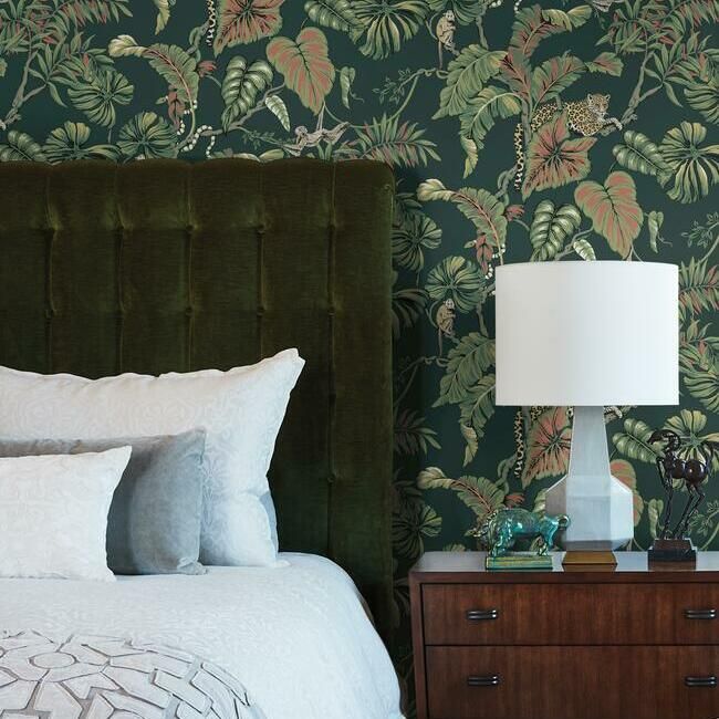 media image for Jungle Cat Wallpaper in Dark Green from the Traveler Collection by Ronald Redding 281