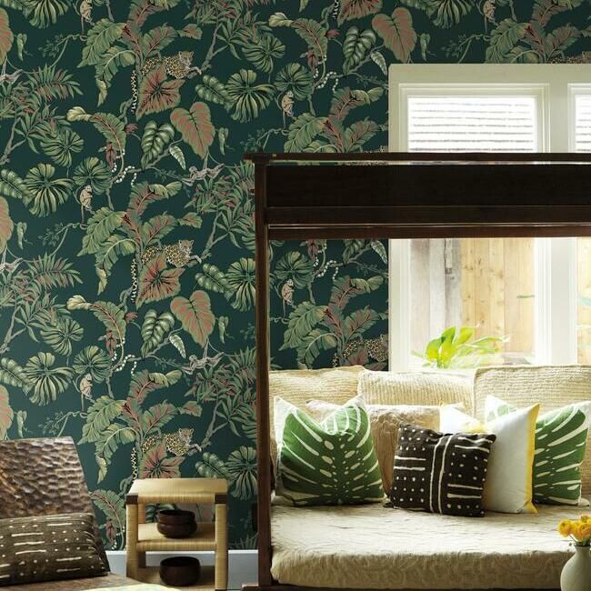 media image for Jungle Cat Wallpaper in Dark Green from the Traveler Collection by Ronald Redding 254