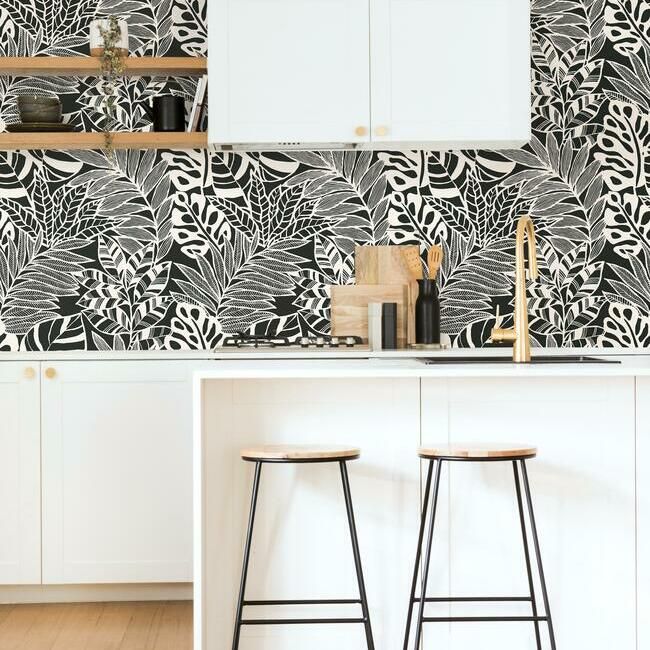 media image for Jungle Leaves Wallpaper in Black and White from the Silhouettes Collection by York Wallcoverings 274