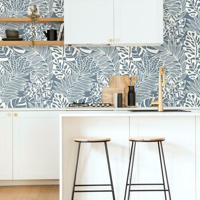 media image for Jungle Leaves Wallpaper in Blue from the Silhouettes Collection by York Wallcoverings 281
