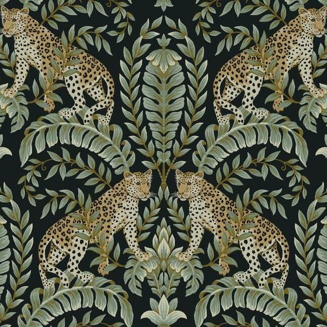 media image for sample jungle leopard wallpaper in black and green from the ronald redding 24 karat collection by york wallcoverings 1 236