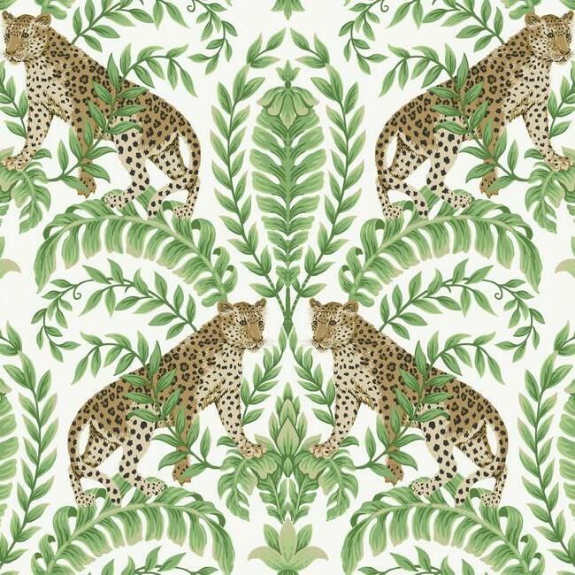 media image for sample jungle leopard wallpaper in white and green from the ronald redding 24 karat collection by york wallcoverings 1 270