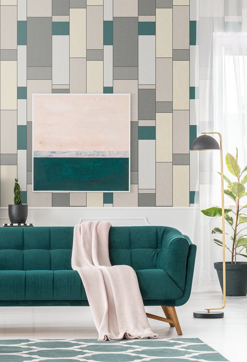 media image for De Stijl Geometric Wallpaper in Perry Teal and Frosted Petal from the Mondrian Collection by Seabrook 264