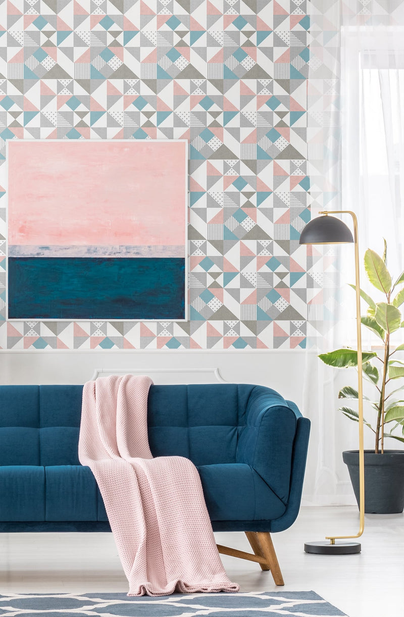 media image for Lozenge Geometric Wallpaper in Metallic Silver and Perry Teal from the Mondrian Collection by Seabrook 253