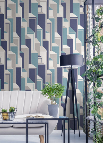 product image for Deco Geometric Wallpaper in Perry Teal and Indigo from the Mondrian Collection by Seabrook 75