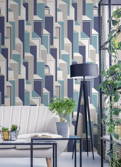 product image for Deco Geometric Wallpaper in Perry Teal and Indigo from the Mondrian Collection by Seabrook 71