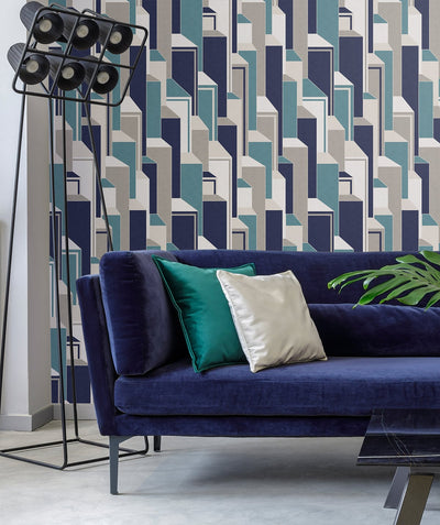 product image for Deco Geometric Wallpaper in Perry Teal and Indigo from the Mondrian Collection by Seabrook 67