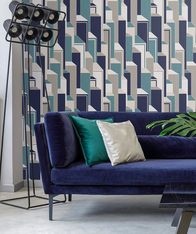 product image for Deco Geometric Wallpaper in Perry Teal and Indigo from the Mondrian Collection by Seabrook 25