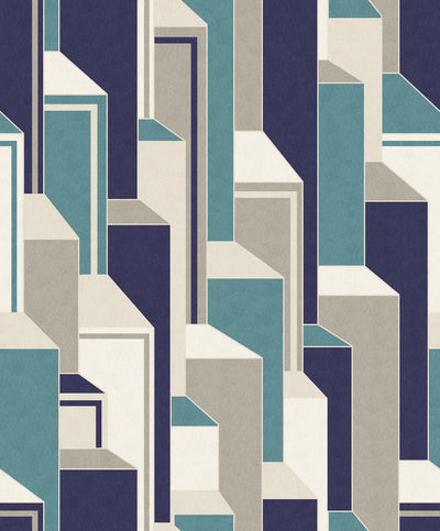 product image of Deco Geometric Wallpaper in Perry Teal and Indigo from the Mondrian Collection by Seabrook 54