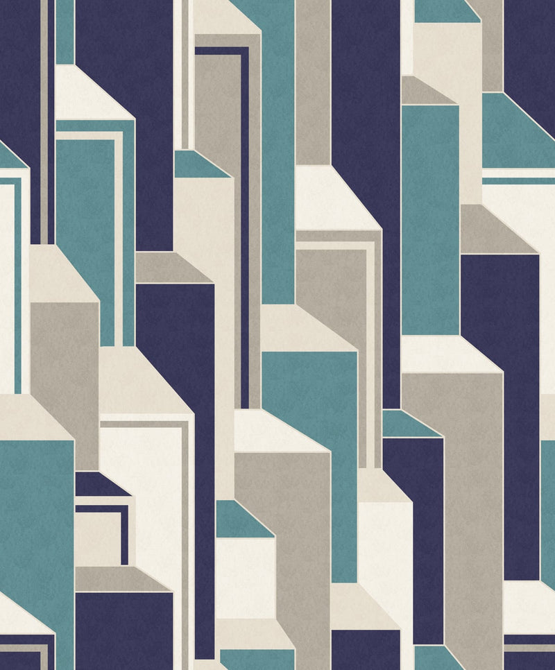 media image for Deco Geometric Wallpaper in Perry Teal and Indigo from the Mondrian Collection by Seabrook 258