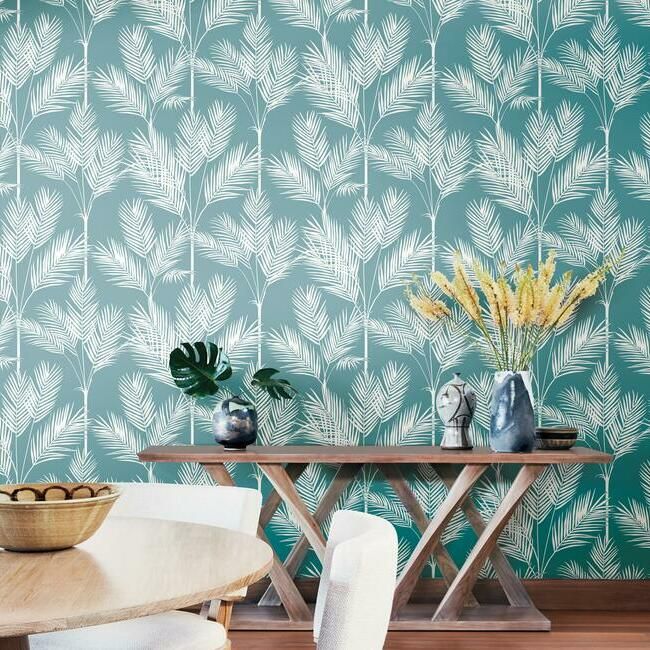 media image for King Palm Silhouette Wallpaper in Light Blue from the Water& 298