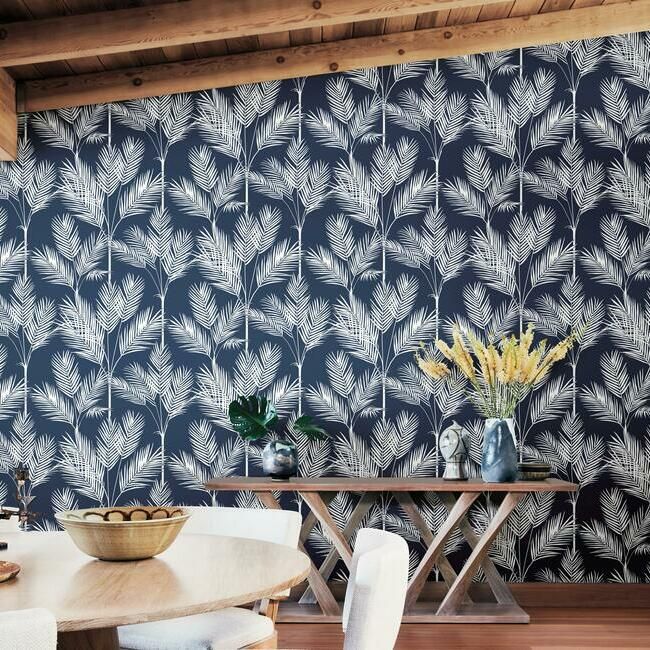 media image for King Palm Silhouette Wallpaper in Navy from the Water& 283