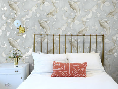 product image for Koi Fish Peel-and-Stick Wallpaper in Metallic Champagne and Grey by NextWall 43