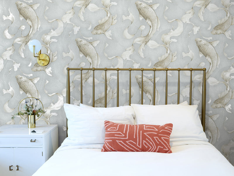 media image for Koi Fish Peel-and-Stick Wallpaper in Metallic Champagne and Grey by NextWall 299