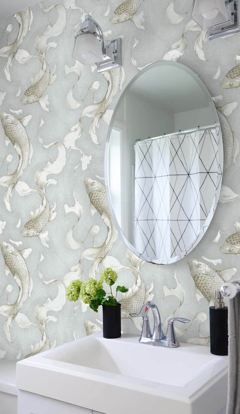 media image for Koi Fish Peel-and-Stick Wallpaper in Metallic Champagne and Grey by NextWall 274