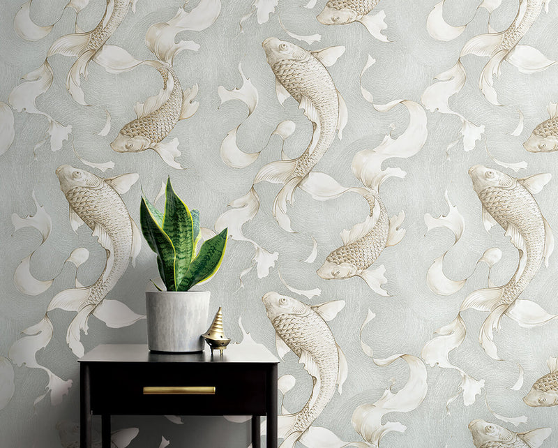 media image for Koi Fish Peel-and-Stick Wallpaper in Metallic Champagne and Grey by NextWall 231