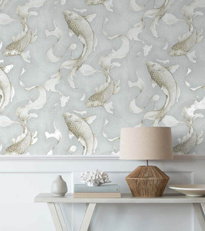 product image for Koi Fish Peel-and-Stick Wallpaper in Metallic Champagne and Grey by NextWall 73