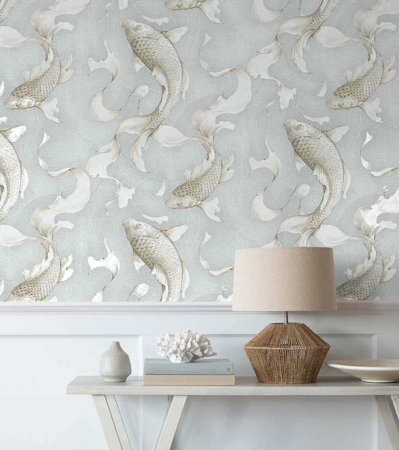 media image for Koi Fish Peel-and-Stick Wallpaper in Metallic Champagne and Grey by NextWall 250