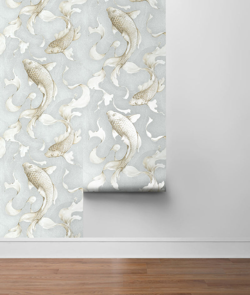 media image for Koi Fish Peel-and-Stick Wallpaper in Metallic Champagne and Grey by NextWall 221