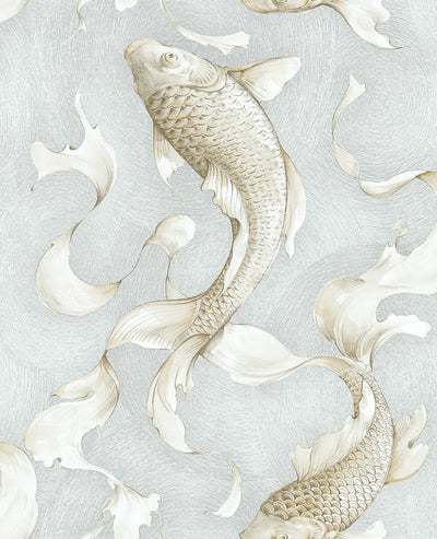 product image of Koi Fish Peel-and-Stick Wallpaper in Metallic Champagne and Grey by NextWall 535