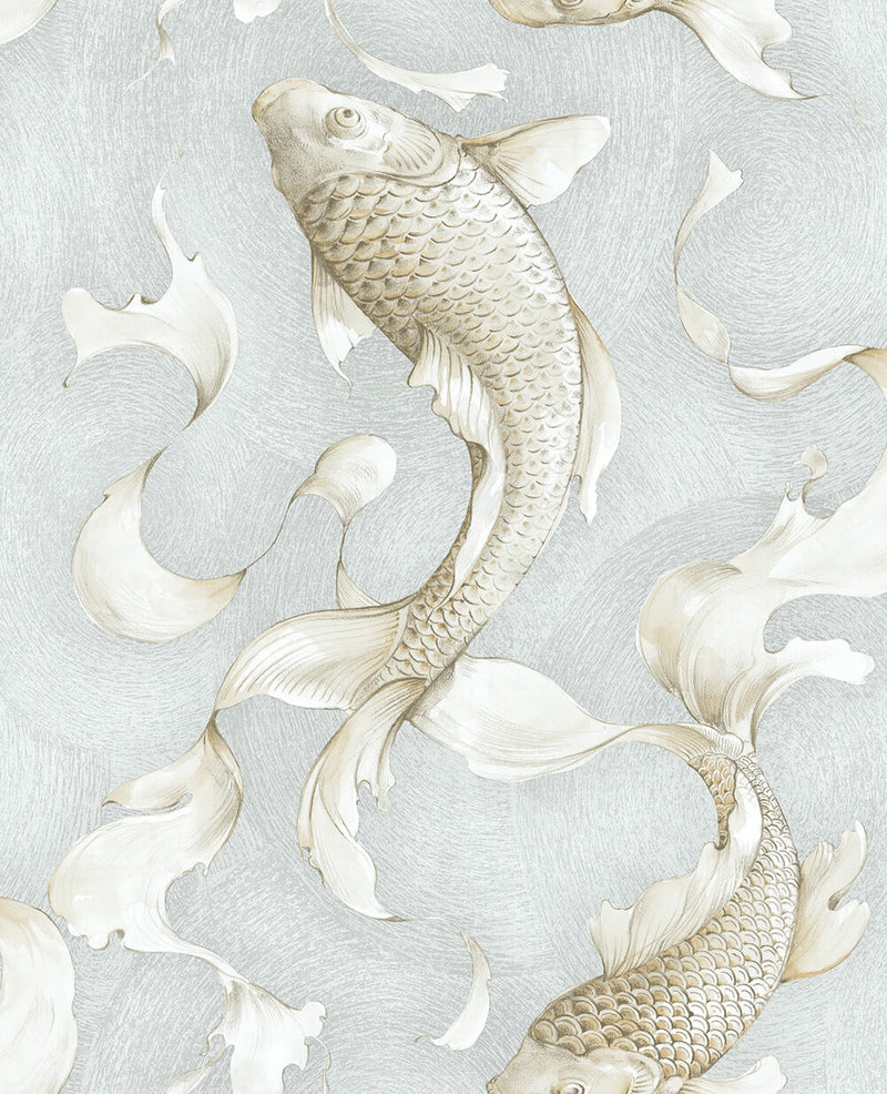 media image for Koi Fish Peel-and-Stick Wallpaper in Metallic Champagne and Grey by NextWall 24