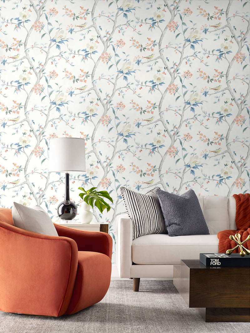 media image for Floral Trail Peel & Stick Wallpaper in Melon/Carolina Blue by Lillian August for NextWall 289