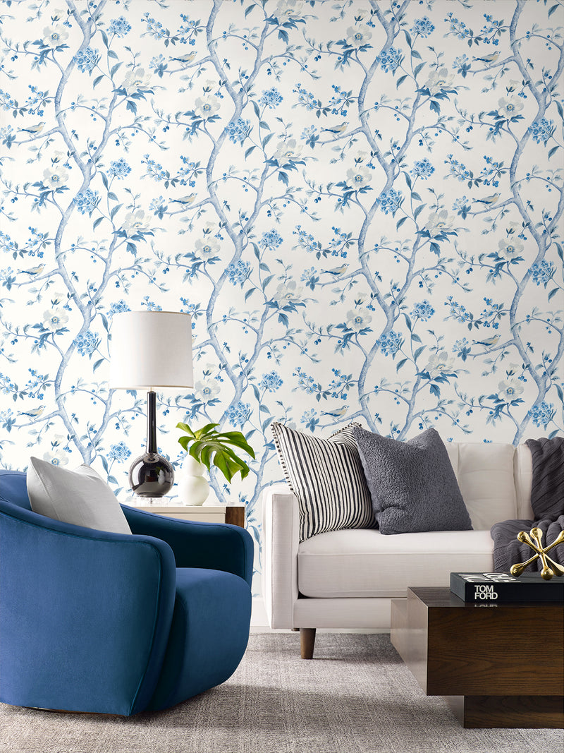 media image for Floral Trail Peel & Stick Wallpaper in Bluestone by Lillian August for NextWall 298