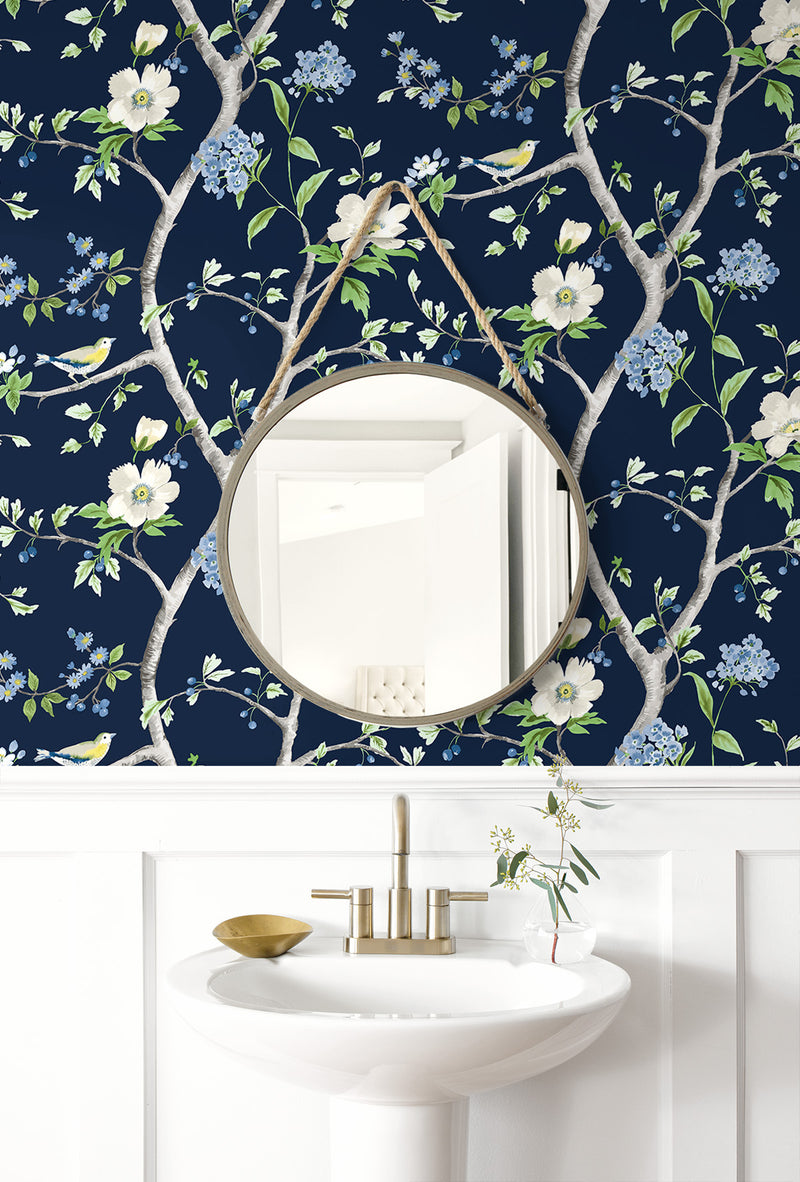 media image for Floral Trail Peel & Stick Wallpaper in Navy Blue/Spring Green by Lillian August for NextWall 214