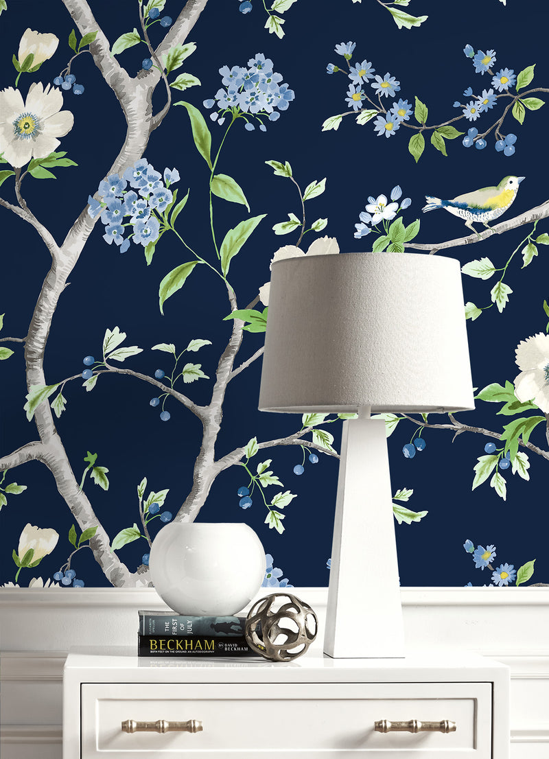 media image for Floral Trail Peel & Stick Wallpaper in Navy Blue/Spring Green by Lillian August for NextWall 283
