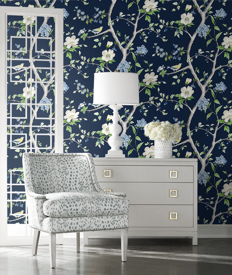 media image for Floral Trail Peel & Stick Wallpaper in Navy Blue/Spring Green by Lillian August for NextWall 235