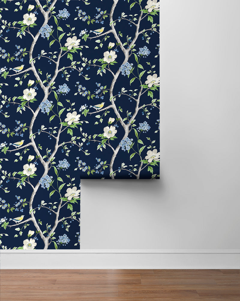 media image for Floral Trail Peel & Stick Wallpaper in Navy Blue/Spring Green by Lillian August for NextWall 276