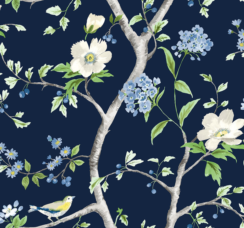 media image for Floral Trail Peel & Stick Wallpaper in Navy Blue/Spring Green by Lillian August for NextWall 281