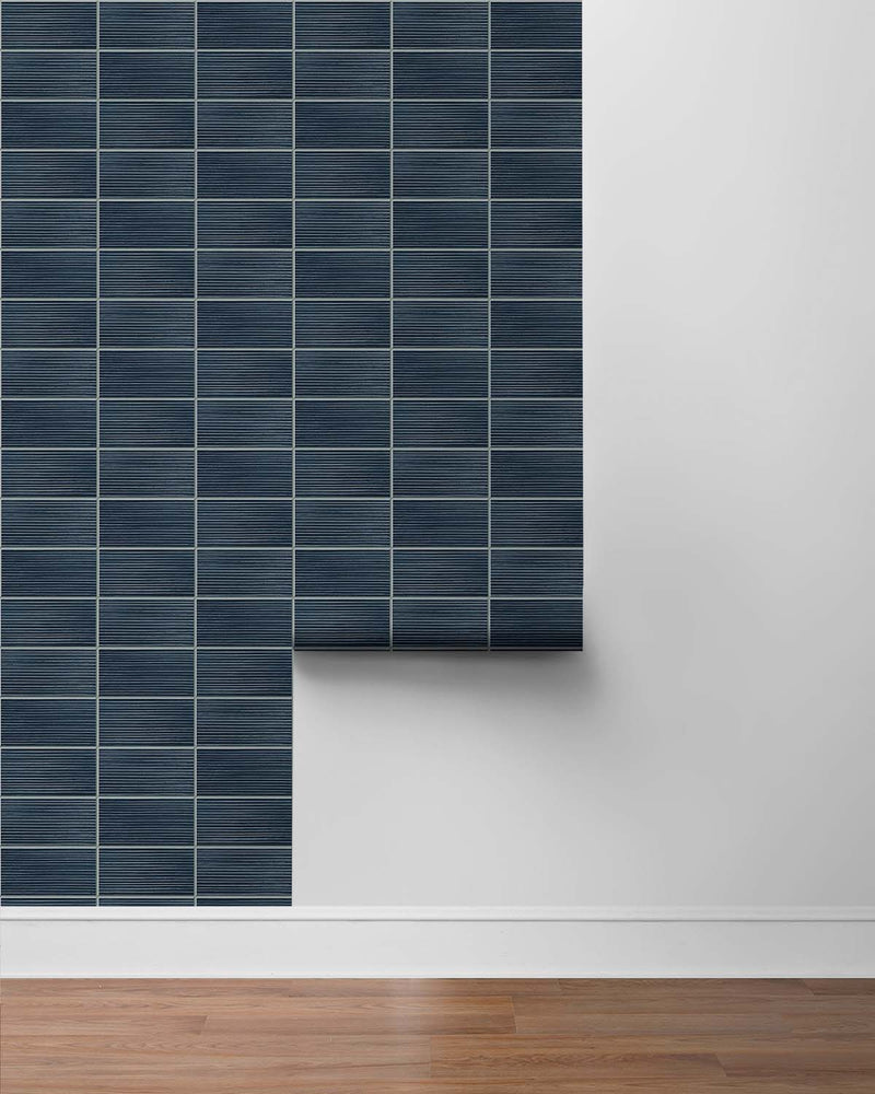 media image for Rib Tile Peel & Stick Wallpaper in Denim Blue by Lillian August for NextWall 235