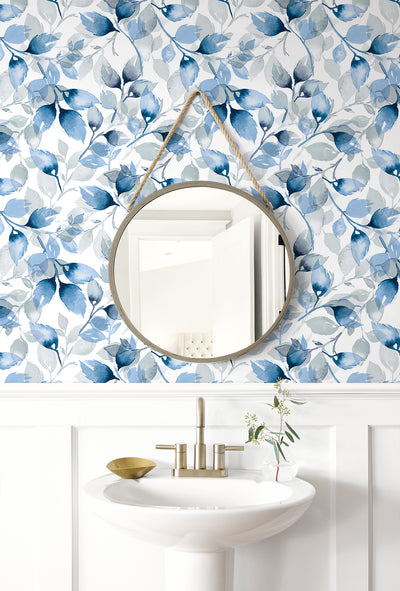 product image for Watercolor Tossed Leaves Wallpaper in Blue Lagoon by Lillian August 43