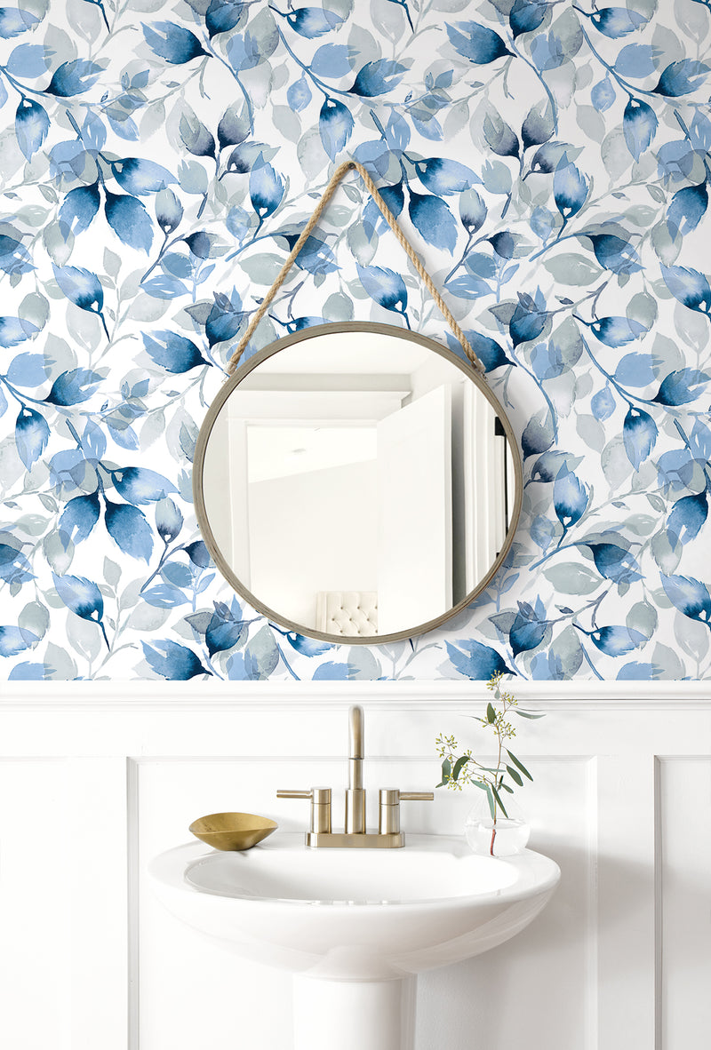 media image for Watercolor Tossed Leaves Wallpaper in Blue Lagoon by Lillian August 250